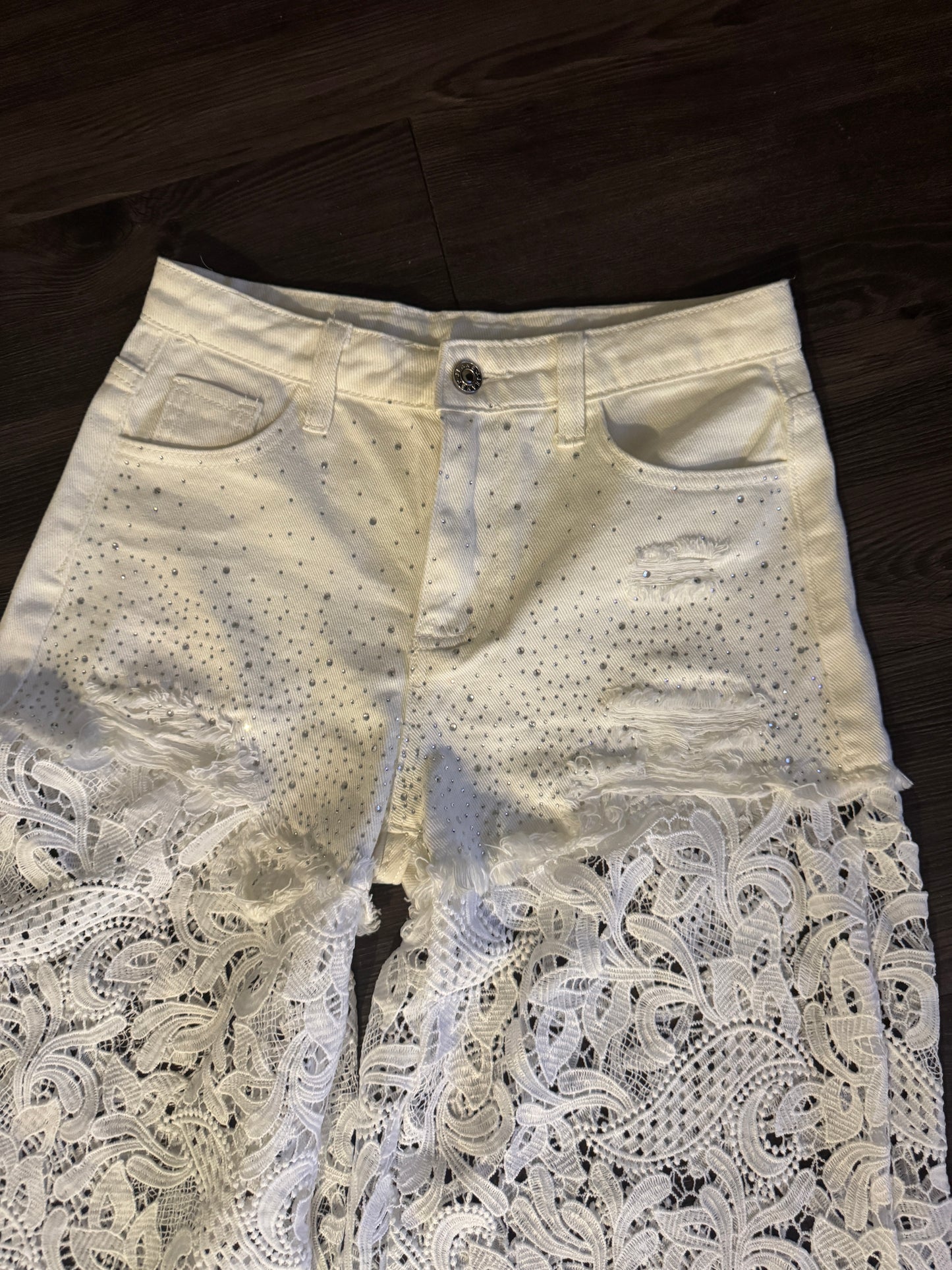 Women's trousers with lace and rhinestones