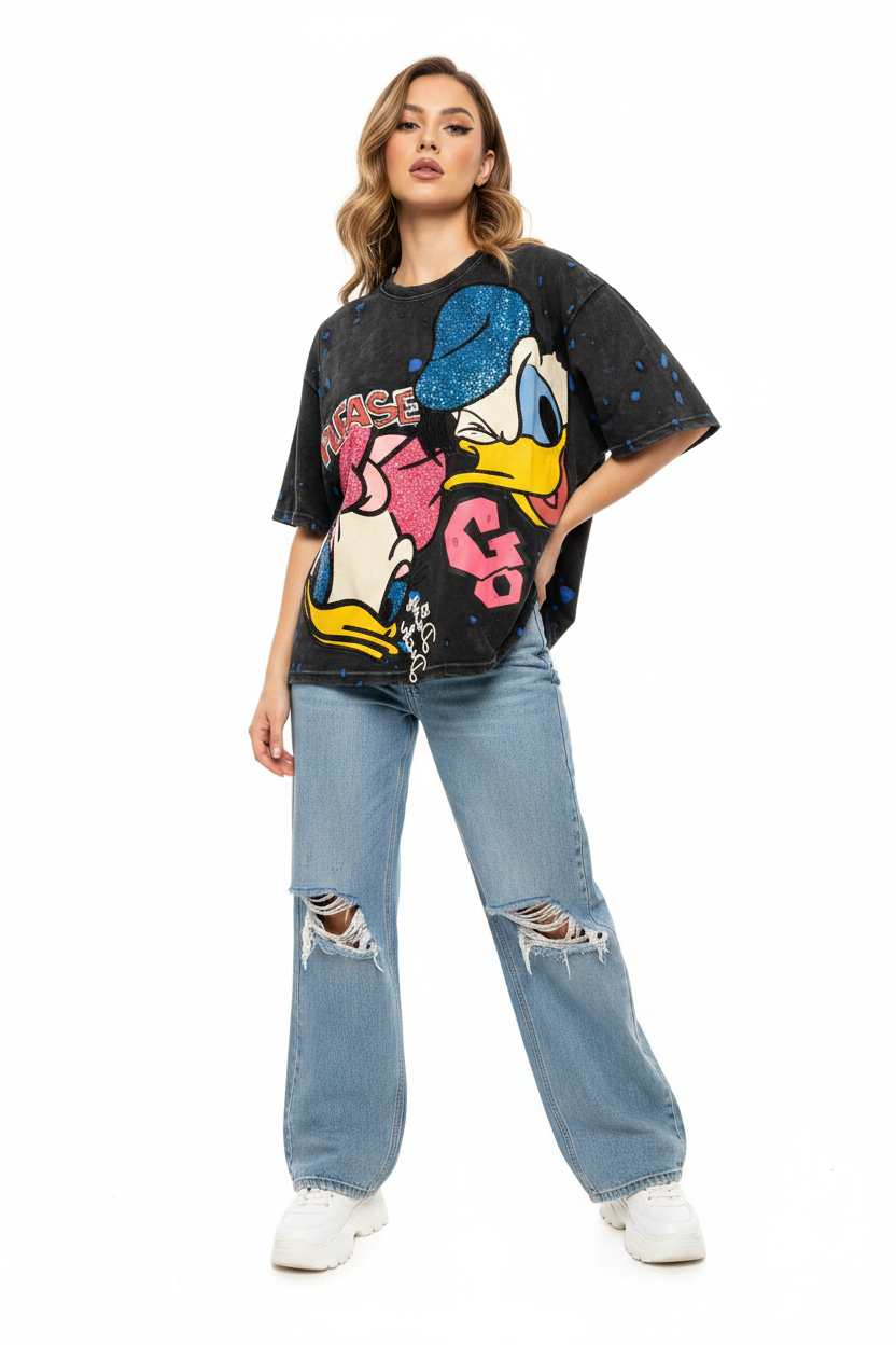 DJ&DK Donald Daisy Duck Sequin Distressed T-Shirt(oversized)