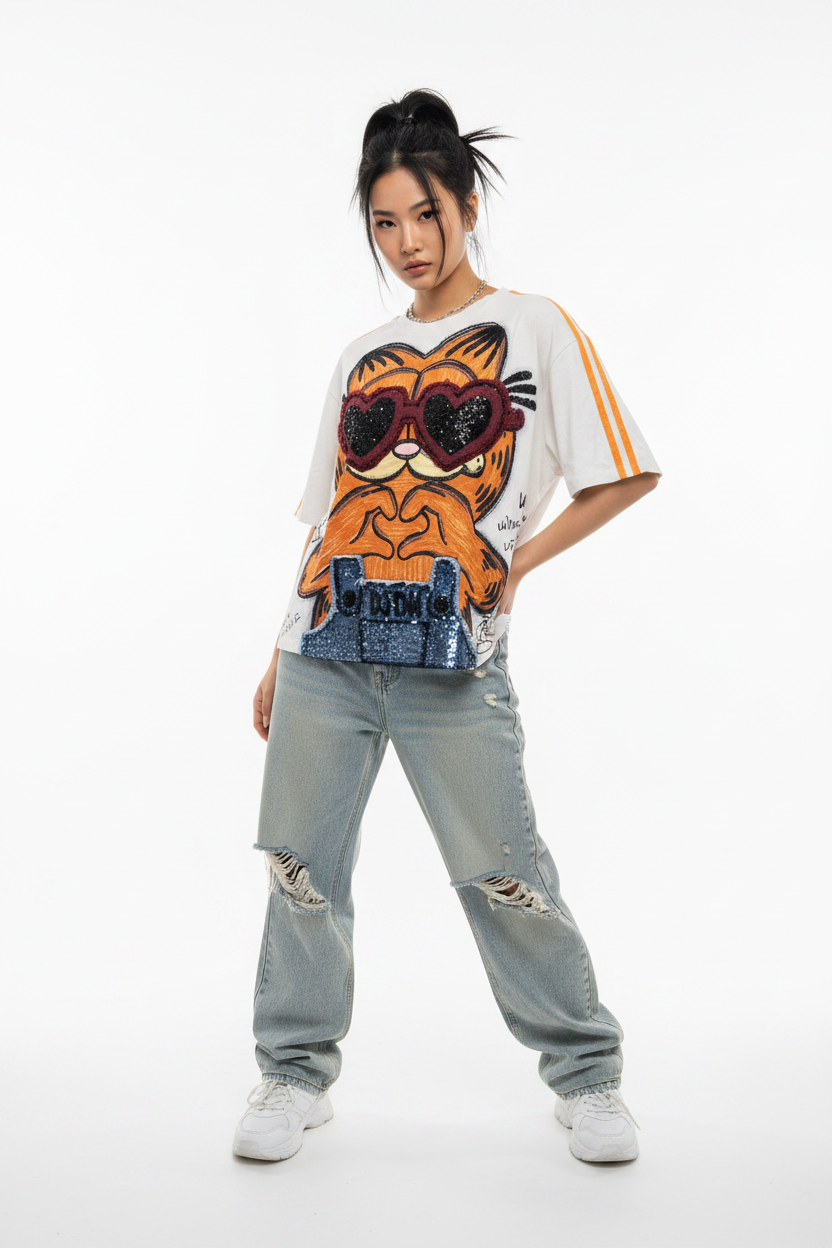 DJ&DK Garfield Tee w/ Heart Sunglasses Overalls oversized