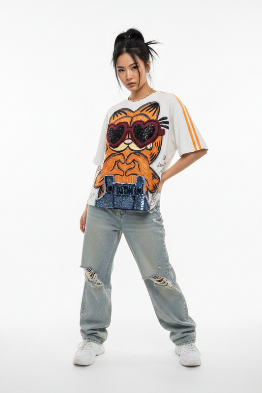 DJ&DK Garfield Tee w/ Heart Sunglasses Overalls oversized