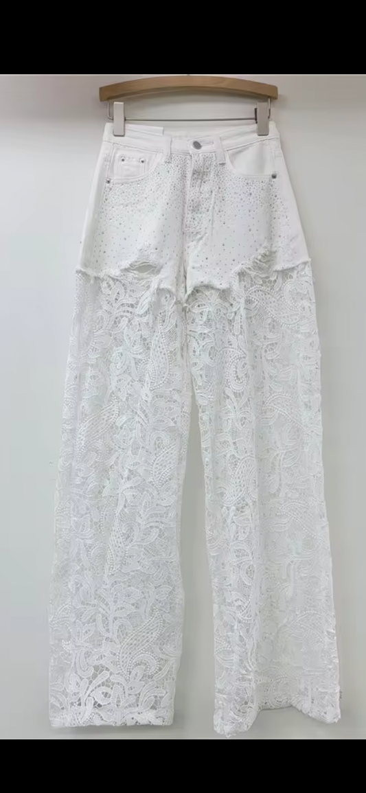 Women's trousers with lace and rhinestones