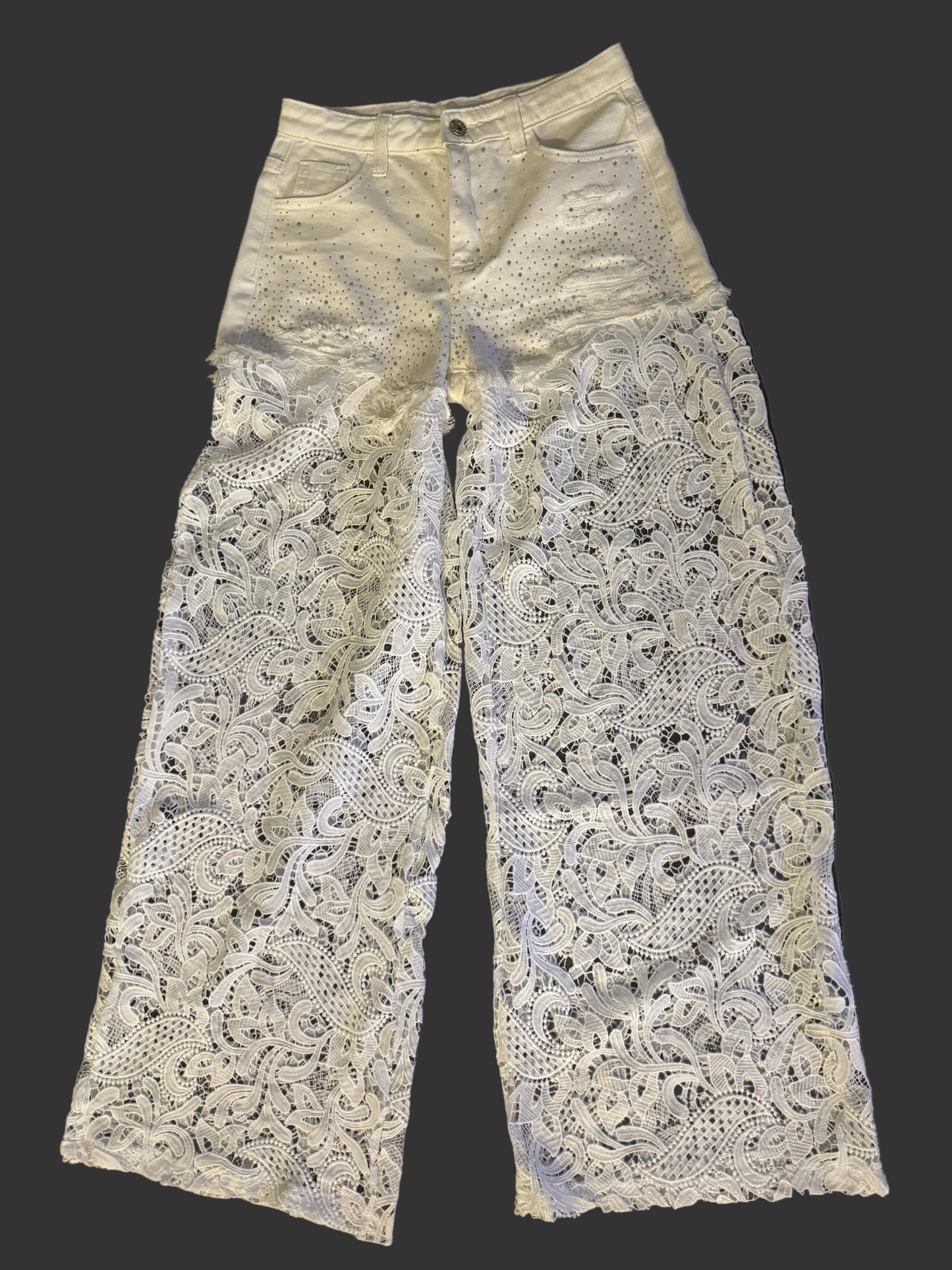 Women's trousers with lace and rhinestones
