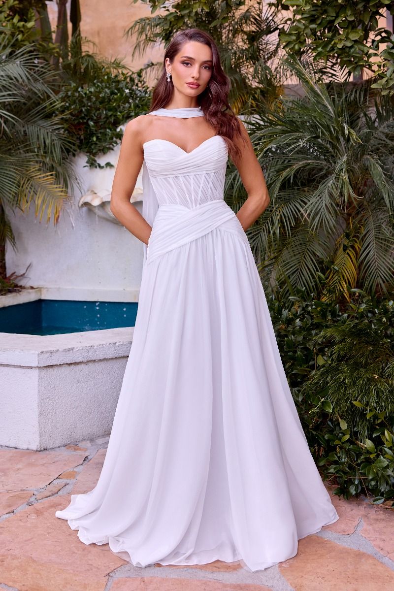 Strapless A-Line Solid Chiffon Bridal Gown w/ Sheer Corset Bodice & Matching Scarf CDCD395W